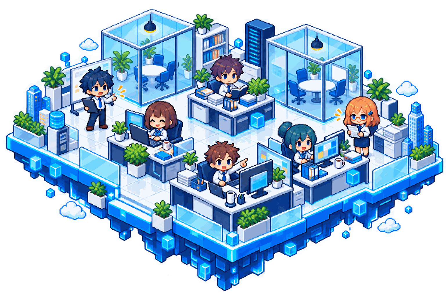 6人のAI社員がデスクで働く、青と白のドット絵オフィス