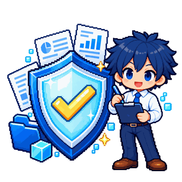 AI社員と、書類を守る青い盾のドット絵